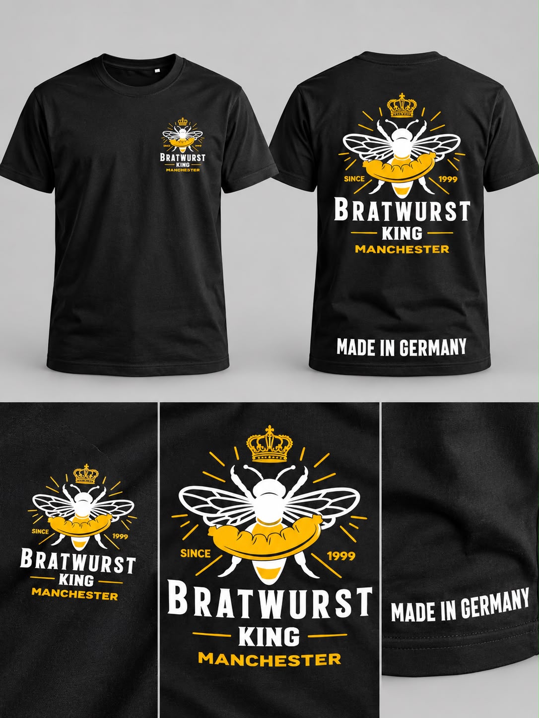 Schwarze T-Shirts mit Bratwurst-King-Druck auf Brust und Rücken