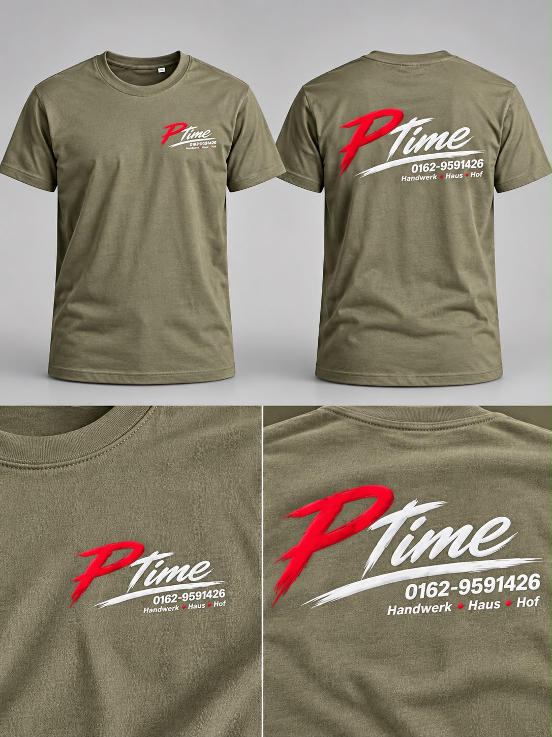 Olivgrüne T-Shirts mit PTime-Druck auf Brust und Rücken